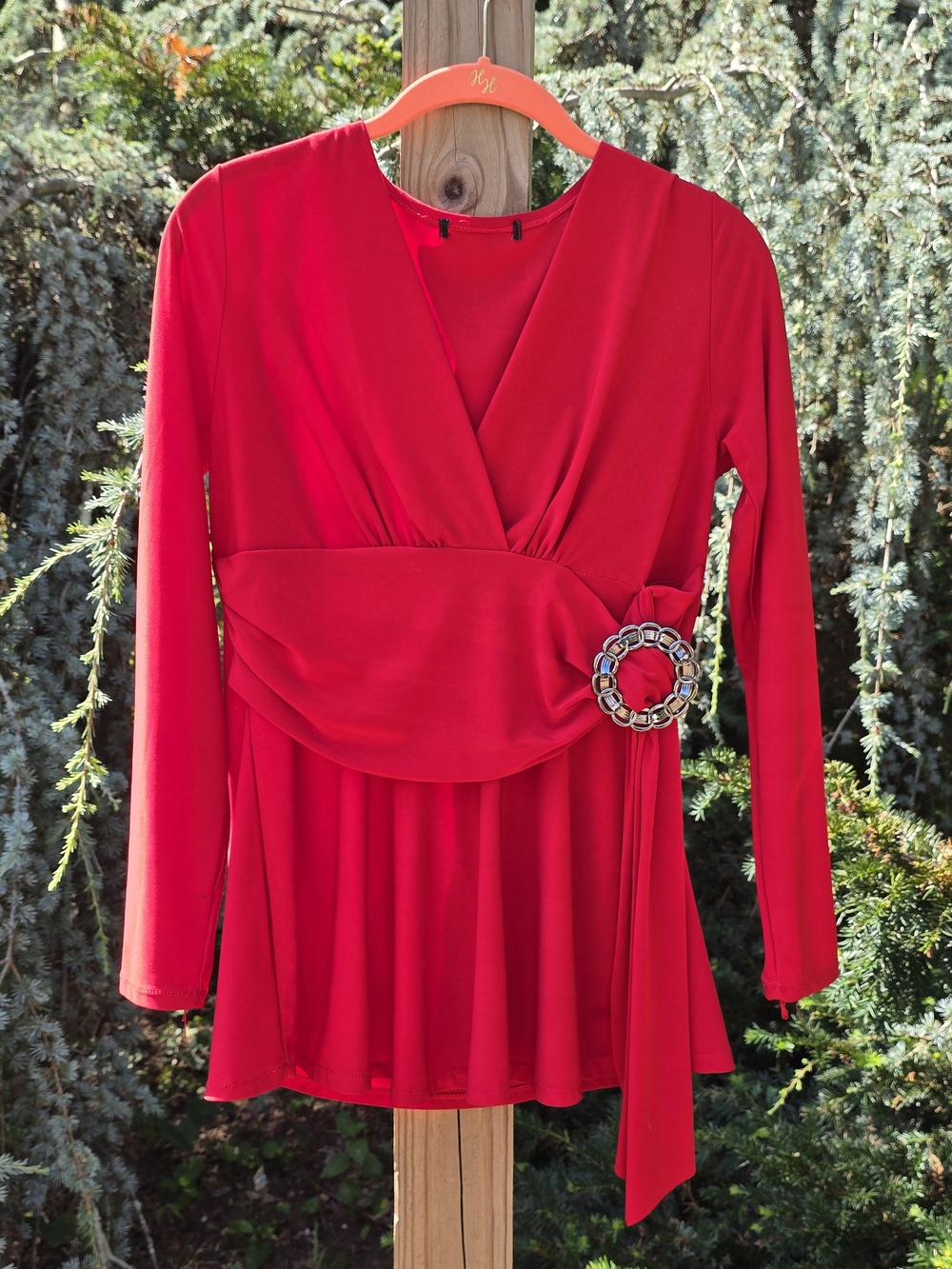 Source Unknown Red Wrap-Style Long Sleeve Tunic with Decorative Buckle